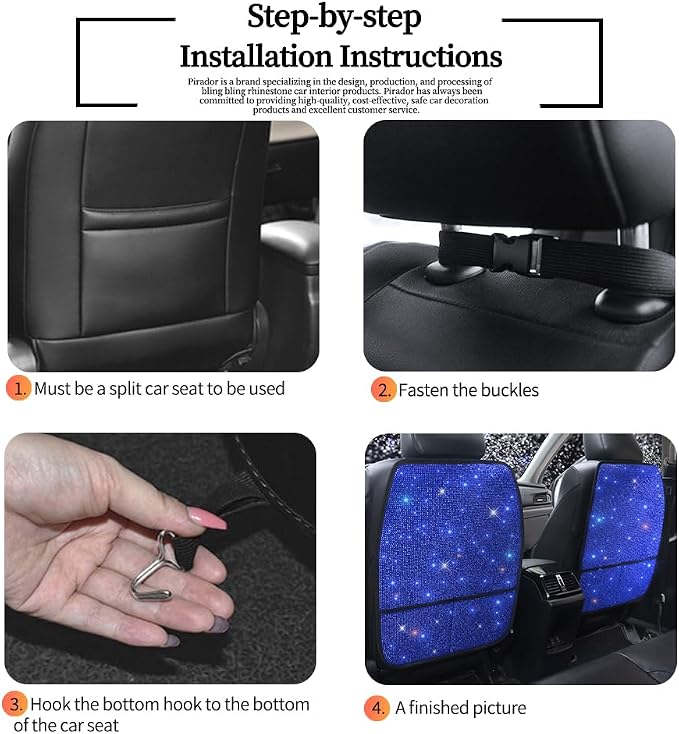 Sparkling Diamond Car Seat Kick Protectors with Storage, Crystal Kick Mats for Car Seats with Bling Rhinestones, Universal Fit Luxury Auto Accessories for Women Girls and Ladies Blue 2pcs