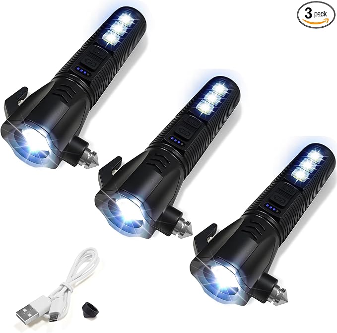 Emergency Car Flashlight - 2000 Lumen Dual Light 4-Level Battery Indicator Window Breaker & Seatbelt Cutter USB Rechargeable Ultra-Light 108g Car Emergency Too (3pcs-Black)