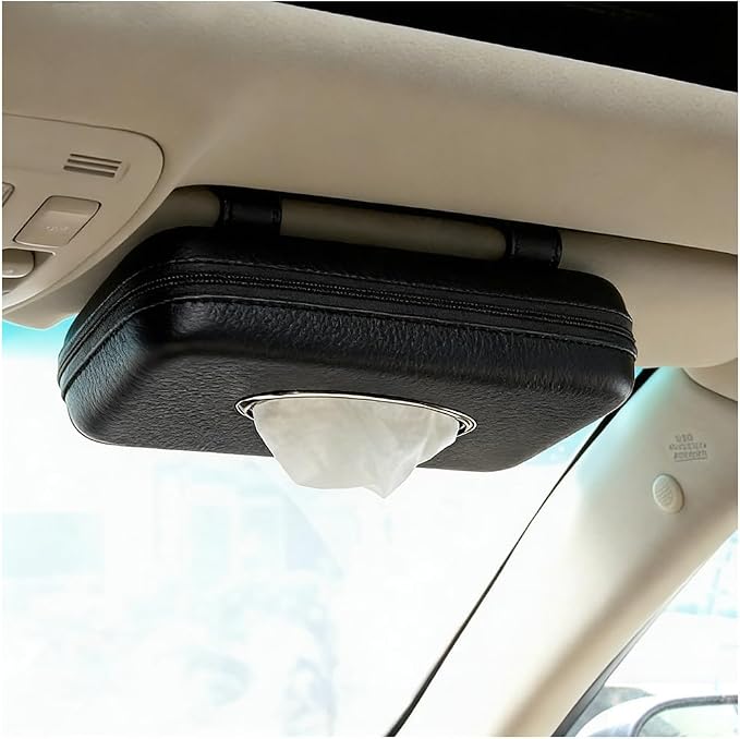 Car Sun Visor Tissue Holder, Leather Stylish Vehicle Visor Backseat Napkin Organizer Box with Zipper, Auto Interior Sunvisor Paper Towel Mask Dispenser Case, Universal for SUV Van RV (Black)
