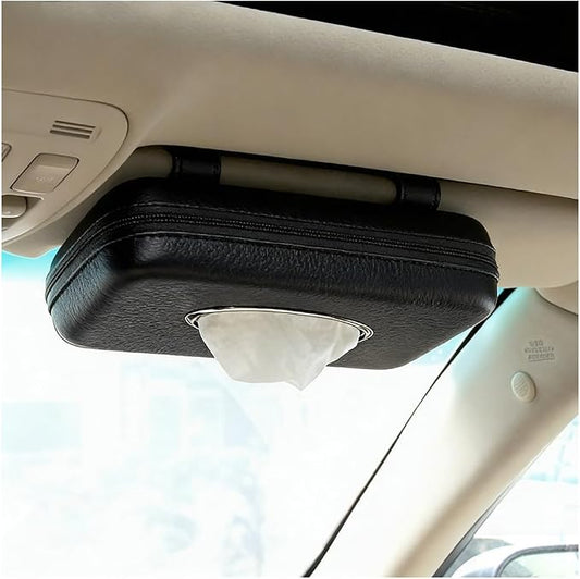 Car Sun Visor Tissue Holder, Leather Stylish Vehicle Visor Backseat Napkin Organizer Box with Zipper, Auto Interior Sunvisor Paper Towel Mask Dispenser Case, Universal for SUV Van RV (Black)
