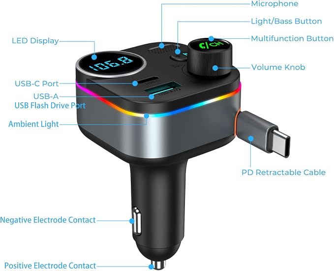 Bluetooth 5.4 FM Transmitter, 72W Car Charger with 45W Retractable USB-C PD | Built-in Cable, Hands-Free Calling, Deep Bass, LED Display, USB Drive Music Player for Cars Trucks