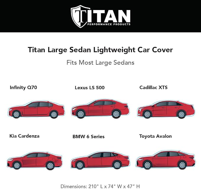 Titan Jet Black Poly 210T Car Cover for Large Sedans 203-212". Waterproof, UV Protection, Scratch Resistant, Driver-Side Zippered Opening. Fits Avalon, XTS, 6-8 and More.