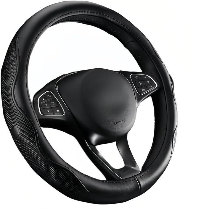 it’s us Premium Leather Steering Wheel Cover - Universal Fit 15 inch with Non-Slip Grip & Gray Stitching