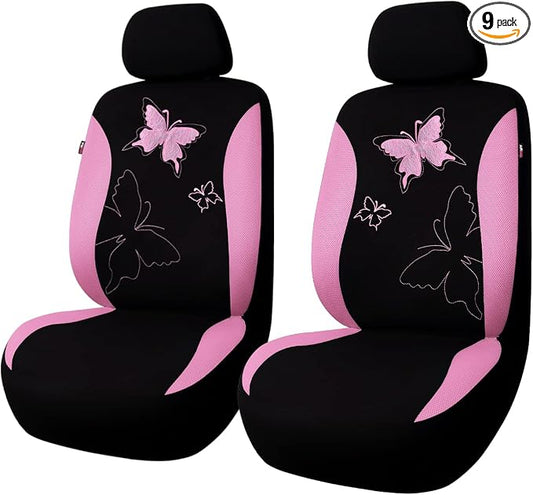 Flying Banner Butterfly car seat Covers ful Set Fashion Universal Lady Woman Female Rear Bench Split Colorized (Pink, 2 Fronts - Lace)