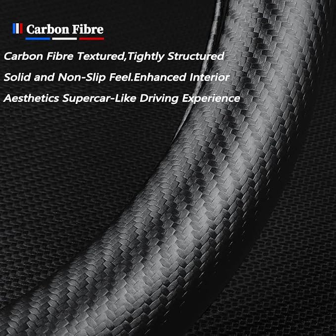 Steering Wheel Cover Compatible with Ford, Nappa Leather&Carbon Fiber Texture Steering Wheel Cover, 14.5-15 Inch Diameter with 2 Coasters and USB Fast Charging Cable (Black)