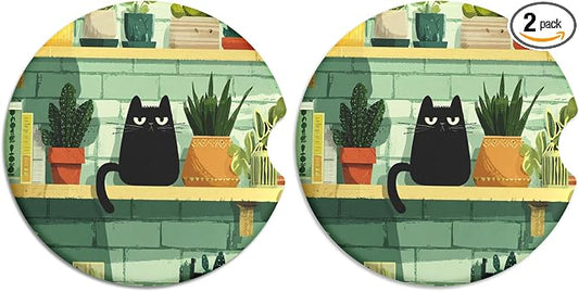 2 Pack Ceramic Car Coasters for Cup Holder, 2.56 in Anti Slip Absorbent Coaster with Cork Base and Finger Notch, Funny Cute Car Accessories for Women, Poke Face Cat