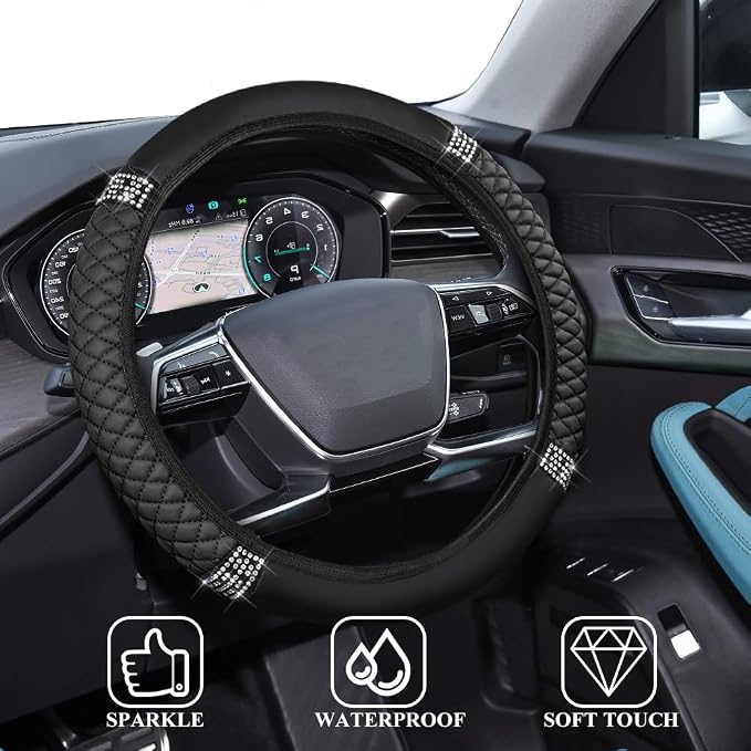 Bling Soft Leather Steering Wheel Cover, 15 Inch Colorful Rhinestones Auto Elastic Steering Wheel Protector for Women Girls, Car Accessories Anti Slip Steering Wheel Cover for Cars, SUVs (Gray)