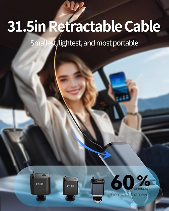 Retractable Car Charger,Car Phone Charger USB C Fast Charge for iPhone | EloBeth Car Charger,Cigarette Lighter USB Charger Car Accessories,Road Trip Essentials Gift for Men,for iPhone 17/16,Galaxy