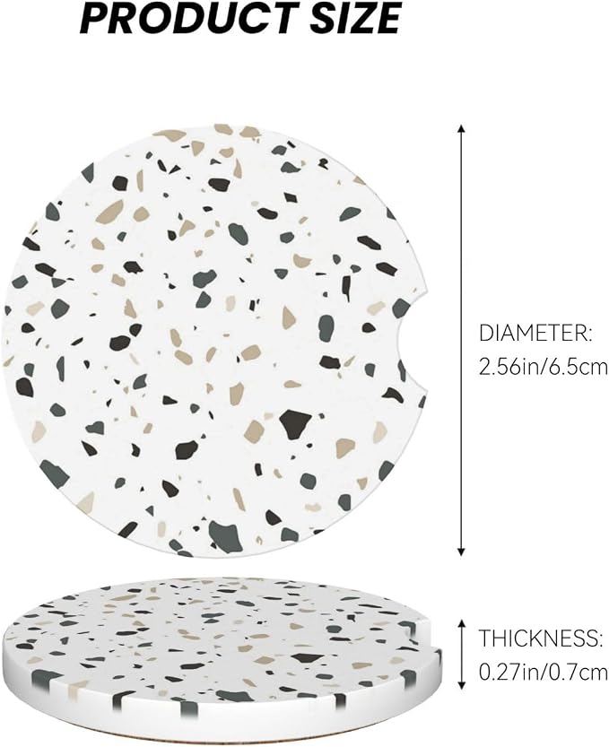 Terrazzo Marble Car Cup Holder Coaster 2 Pack Absorbent Ceramic Car Coasters for Cup Holders Car Accessories Interior for Women Men Universal Anti Slip Cork Base Cup Coasters with Finger Notch