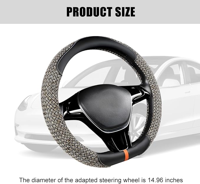 Zpana Car Steering Wheel Cover, 14.5-15" Breathable Linen Sporty Vehicle Steering Wheel Protector with Non-Slip Lining, Automotive Interior Decoration Accessories, Universal Fit (Black/Beige)