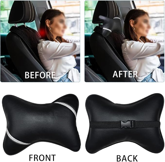 Car Neck Pillows Diamond Seat Auto Headrest Cushion Head Rest Neck 2 Pack Headrest Fit for Most Cars Universal Car Pillow Support Relax Crystal Rhinestone Pu Leather Bling Interior(Black)