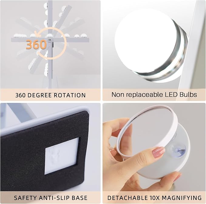 FENCHILIN Vanity Mirror with Lights, 19''x12'' Makeup Hollywood Mirror for Desk with 12 Bulbs Light Smart Touch Control 3 Colors Dimmable Detachable 10X Magnification Tabletop 360°Rotation