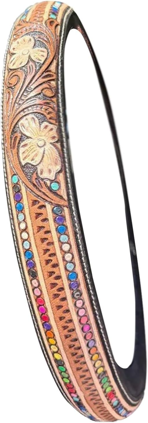 Western Cowboy Steering Wheel Cover - Retro Tooled Leather, Embossed Hand-Painted Design, Universal 15 Inch Anti-Slip Cover for SUV, Truck, Car, Breathable All-Weather, Easy to Install (Style-A)
