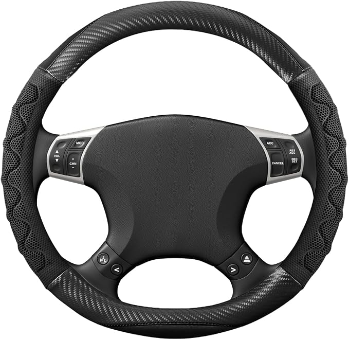 HZEL Car Steering Wheel Cover, Carbon Fiber Breathable Soft Grip Vehicle Steering Wheel Protector with Anti-Slip Lining, Automotive Interior Protective Decor Accessories, Universal Fit (Black)