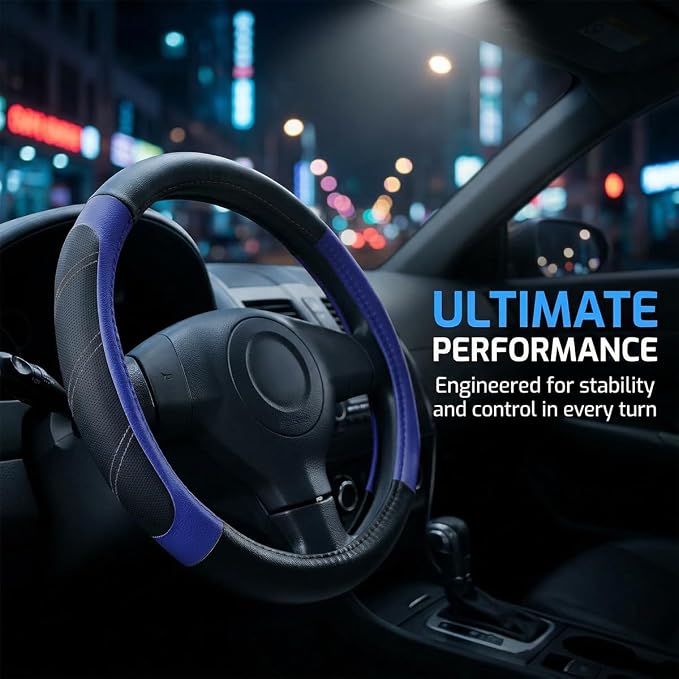 Osilly Car Steering Wheel Cover, 14.5-15" Leather Breathable Anti-Slip Stylish Steering Wheel Protector, Comfortable Auto Interior Decoration Accessories, Universal for SUV Van Truck (Black Blue)