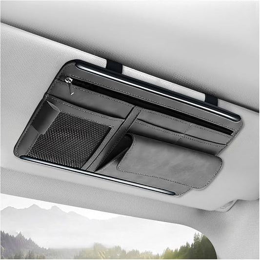 Car Sun Visor Organizer, Soft Leather Vehicle Sunshade Glasses Storage Bag with Net Zipper, Automotive Multi-Pocket Organizer for Drive License Card Glasses Document (Gray)