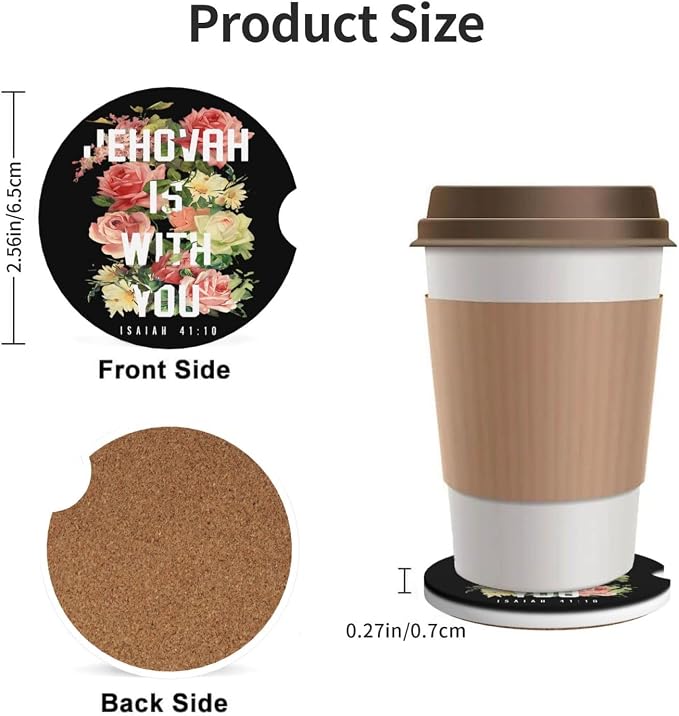 Jehovah is with You Floral Absorbent Ceramic Car Coasters 2 Pack Round Insert Cupholder Coaster Car Cup Holder Mat with Finger Notch Anti-Slip Cork Base Reusable Drink Coasters 2.56 in