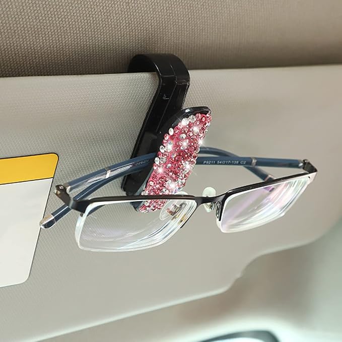 Moly Magnolia Bling Car Glasses Holder, 2PCS Handcrafted Crystal Rhinestones Fashion Car Sunglasses Mount with Card Clip for All Sun Visors, Auto Interior Accessories for Women Girl (Pink/Multicolor)