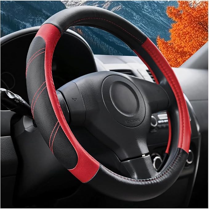 Osilly Car Steering Wheel Cover, 14.5-15" Leather Breathable Anti-Slip Stylish Steering Wheel Protector, Comfortable Auto Interior Decoration Accessories, Universal for SUV Van Truck (Black Red)