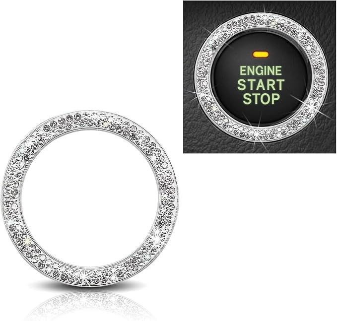 Car Bling Crystal Rhinestone Engine Start Decoration Ring, Start Button Cover Sticker Key Ignition & Knob Decoration, Bling Car Interior Accessories for Women (White)