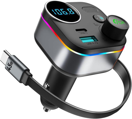 Bluetooth 5.4 FM Transmitter, 72W Car Charger with 45W Retractable USB-C PD | Built-in Cable, Hands-Free Calling, Deep Bass, LED Display, USB Drive Music Player for Cars Trucks