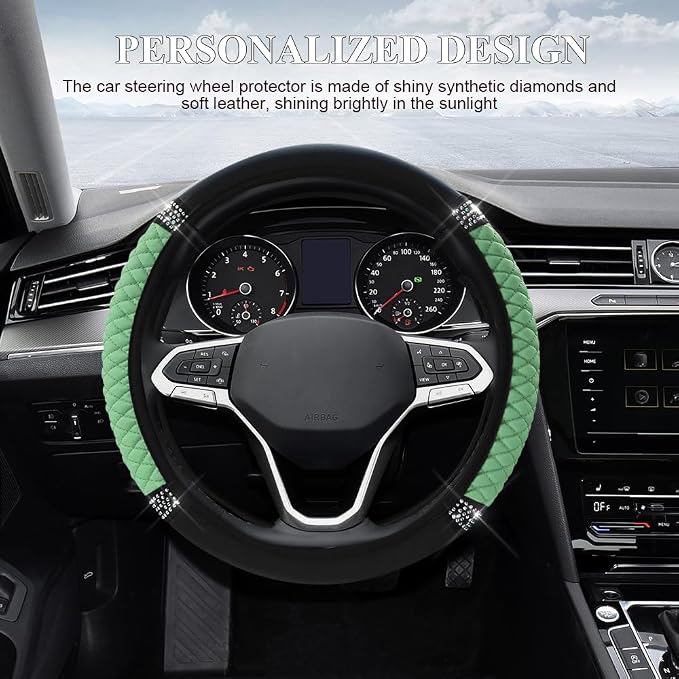 Bling Soft Leather Steering Wheel Cover, 15 Inch Colorful Rhinestones Auto Elastic Steering Wheel Protector for Women Girls, Car Accessories Anti Slip Steering Wheel Cover for Cars, SUVs (Green)
