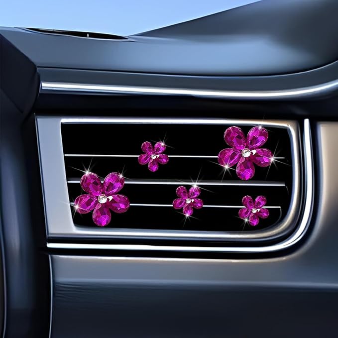 5PCS Bling Flower Car Air Vent Clips, Crystal Rhinestone Vehicle Air Conditioning Outlet Clip, Diamond Automotive Interior Decoration Charm, Universal for Automobile RV Truck (Rose Red)