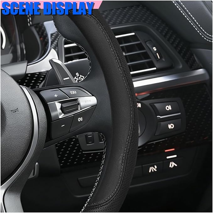 Craedli Nappa Leather Car Steering Wheel Cover, Breathable Non-Slip Automotive Steering Wheel Protector Universal Fit 14.5-15 Inch, Car Interior Decoration Accessories for Trucks, SUVs (Black)