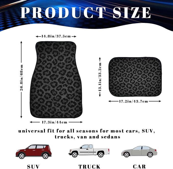 Black Leopard Car Floor Mats Set of 4 Leopard Print Carpet Front Rear Carpets Mat Decorative Car Floor Carpets Non-Slip Auto Car Accessories Universal Fit Car Accessories for Truck