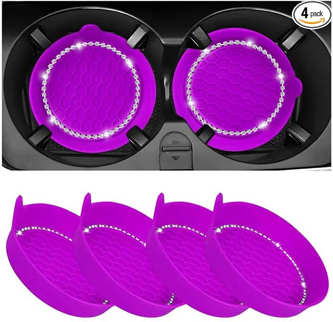 Sun Walker 4 PCS Bling Car Cup Holder Coaster, Non Slip Sparkly Rhinestone Cup Holder Pad Insert Coaster, Shockproof Silicone Shiny Embedded Drink Mat Interior Decor for Most Vehicles (Dark Purple)