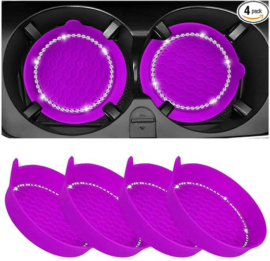 Sun Walker 4 PCS Bling Car Cup Holder Coaster, Non Slip Sparkly Rhinestone Cup Holder Pad Insert Coaster, Shockproof Silicone Shiny Embedded Drink Mat Interior Decor for Most Vehicles (Dark Purple)