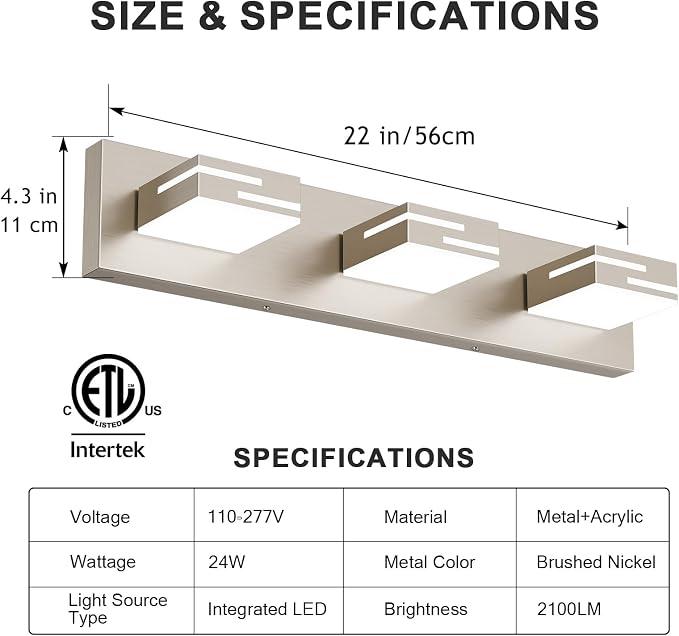 LED Modern Bathroom Vanity Light Fixtures, Dimmable Brushed Nickel Vanity Lights for Bathroom Lighting Fixtures Over Mirror, with 360° Rotatable Acrylic Heads 3-Light 22-inch (Cool White 6000K)