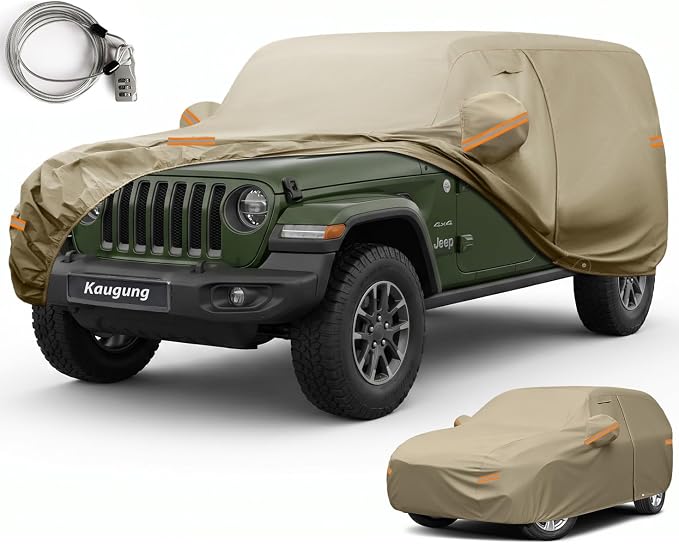 Kaugung Custom Fit Car Cover for Jeep Wrangler 4 Door 4Dr Unlimited JK JL, Heavy Duty All Weather Waterproof Outdoor SUV Cover, Sun Rain UV Protection with Driver Door Zipper, Mirror Pockets & Vents