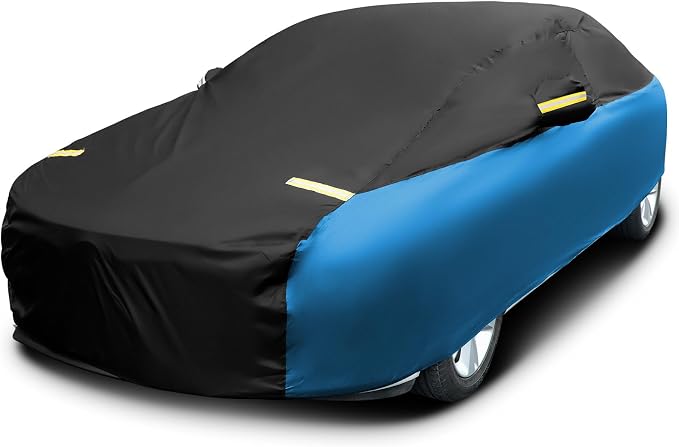 Riakrum Full Car Cover Waterproof All Weather for Automobiles Windproof Cover Rain UV Protection Sun Scratch Resistant Outdoor Universal(Fit Sedan Length/Small SUV (185-193") 59'' H,Black, Blue)