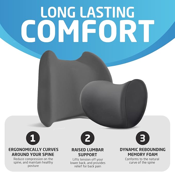 Lumbar & Neck Support Pillow Kit - Gray - Back & Neck Support Pillow for Car & Office Chair - Memory Foam Pillow - Ergonomic Pillow for Neck & Back Pain Relief