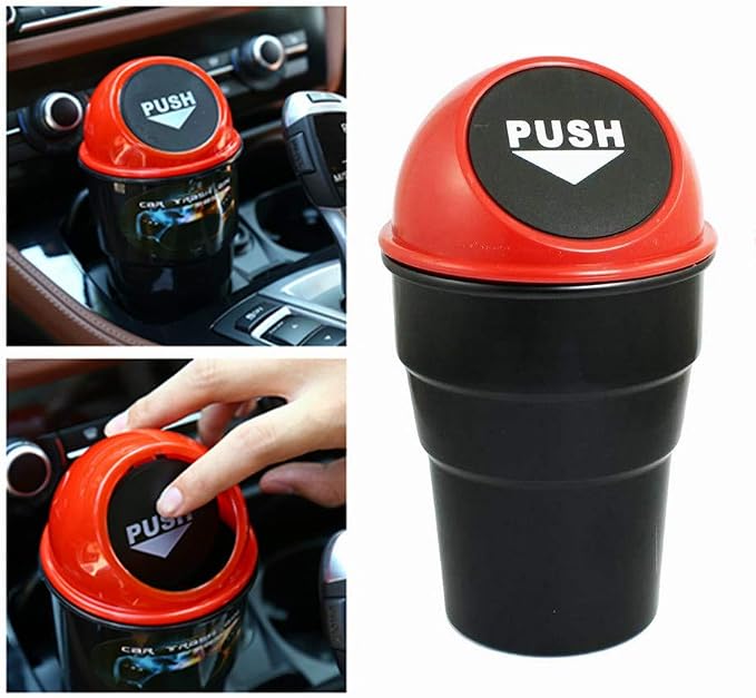 Car Trash Can with Lid, Automotive Cup Holder Mini Vehicle Garbage Can Trash Bin for Car Office Home Bedroom (Red 2 Pack)