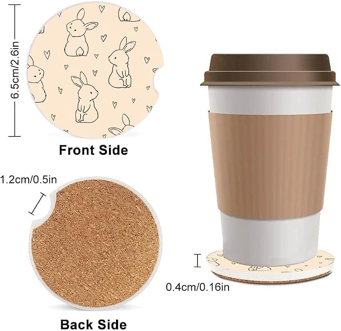 Absorbent Car Cupholder Coaster 2 Pack, Cute Car Coasters with a Finger Notch for Women & Men,2.56" Ceramic Stone & Non-Scratch Cork Base Drink Coasters, (Cute Rabbits)