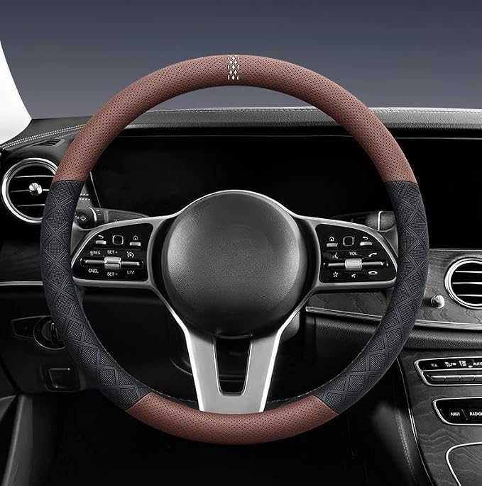 Ultra-Thin Napa Leather Steering Wheel Cover, 15 Inch | Universal fit for most cars and SUVs; two-tone breathable non-bulky cover with 3D anti-slip diamond grip