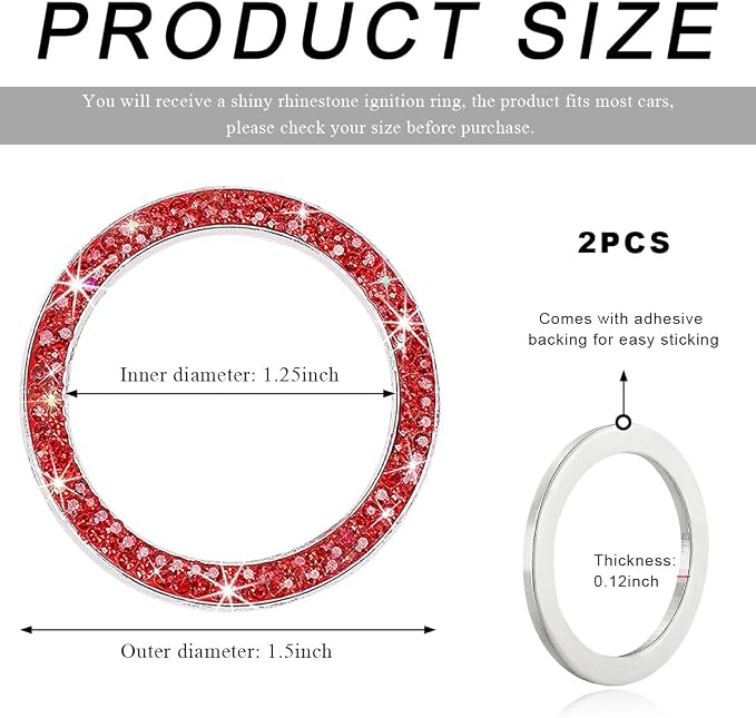 2 PCS Car Bling Crystal Rhinestone Engine Start Ring Decals, Sparkling Diamond Car Push Start Button Ignition Ring Sticker, Auto Key Ignition Knob Ring Decoration for Women Girls (Red)