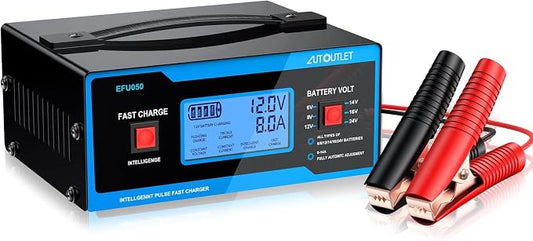 AUTOUTLET Upgraded 8 Volt Battery Charger for Golf Cart Automotive Battery Charger and Maintainer 0-14A with Cable Clamps for 6/8/12/14/16/24V Lead-Acid Batteries