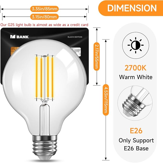 TJOY 10 Pack G25 Globe Light Bulbs, LED Edison Vanity Light Bulbs, Dimmable, 2700K Warm White, 500 Lumens, 5.5W=60W, CRI80, Clear Vintage Filament Globe, E26 Base for Vanity