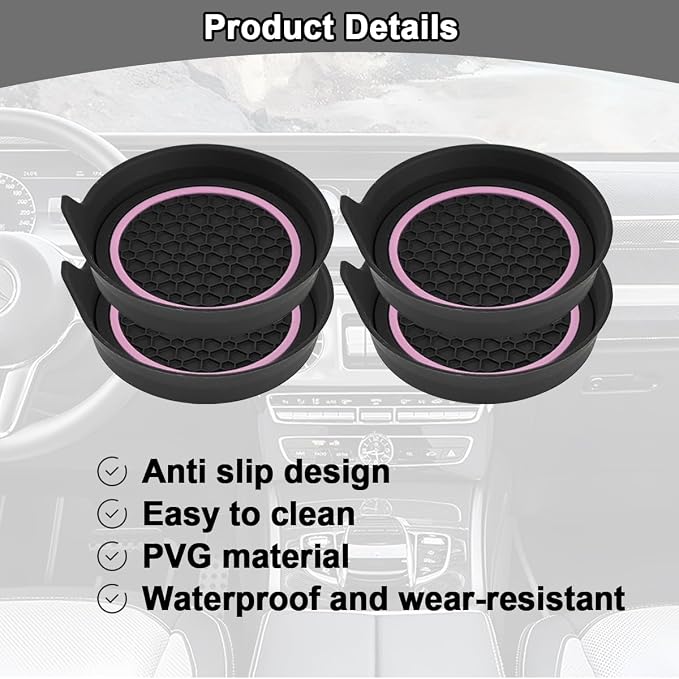 HZEL Car Cup Holder Coasters, 4PCS Non Slip Waterproof Vehicle Water Bottle Pads, Recessed Automotive Interior Drink Mat Decoration Accessories, Universal for SUV Sedan Truck (Pink/Black)