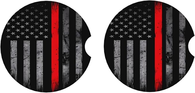 Thin Red Line American Flag Firefighter Absorbent Ceramic Car Coasters 2 Pack Insert Cupholder Coaster Car Cup Holder Mat with Finger Notch Anti-Slip Cork Base Reusable Drink Coasters 2.56 in