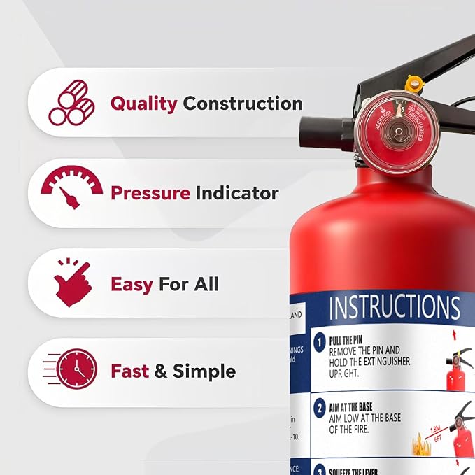 ABC Fire Extinguisher for Home & Vehicle - 2.5 lb 1-A:10-B:C Rated, Dry Chemical Fire Safety Certified for Kitchen/Car/Boat Use