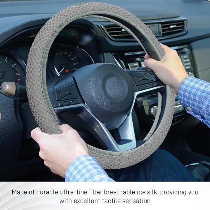 Elastic Stretch Steering Wheel Cover, Steering Wheel Protector, 15 Inch Anti-Slip Breathable Microfiber Ice Silk Protection, Easy Carry, Warm in Winter & Cool in Summer for Cars (Gray)