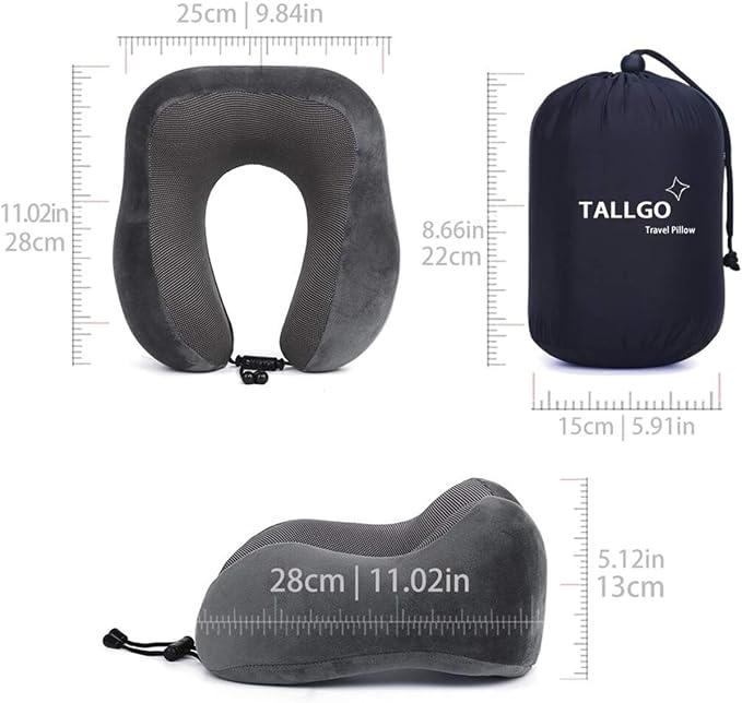 TALLGO Travel Pillow, Best Memory Foam Neck Pillow Head Support Soft Pillow for Sleeping Rest, Airplane Car & Home Use (Grey)