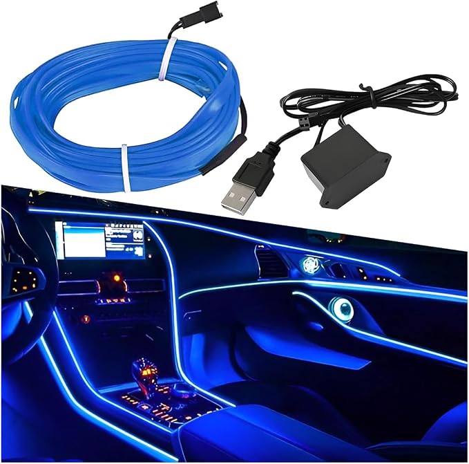 ZIMISI EL Wire Car Interior LED Strip Lights, Neon Light Strip (Blue) | 5V 16FT Car Ambient Lighting Decorations with Sewing Edge, USB Electroluminescent Car Interior Lights with Fuse Protection