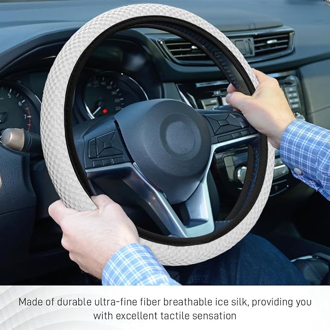 Elastic Stretch Steering Wheel Cover, Steering Wheel Protector, 15 Inch Anti-Slip Breathable Microfiber Ice Silk Protection, Easy Carry, Warm in Winter & Cool in Summer for Cars (White)
