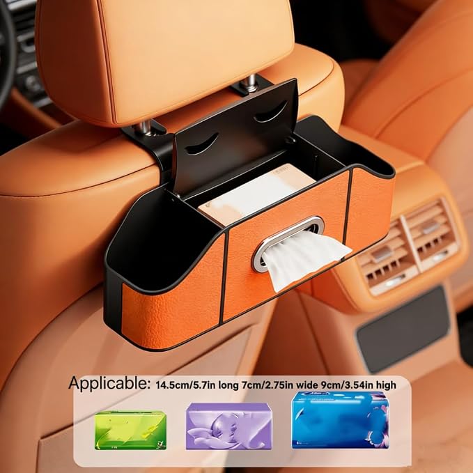 2 Pack 4-in-1 Car Backseat Organizer, PU Leather Headrest Storage Box with Tissue Holder, Dual Cup Holders, Phone Stand & Hooks, Universal Fit for Most Cars, Road Trip Essentials (Orange)