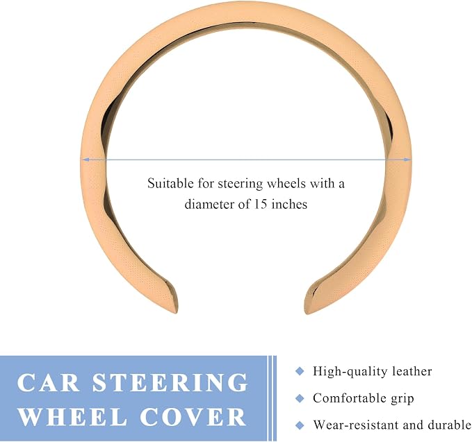 Steering Wheel Cover, 15 Inch Anti-Slip Breathable Steering Wheel Protector Auto Interior Decor, Heat-Resistant Comfort Grip Wheel Cover Universal for Most Cars Trucks SUVs (Beige)